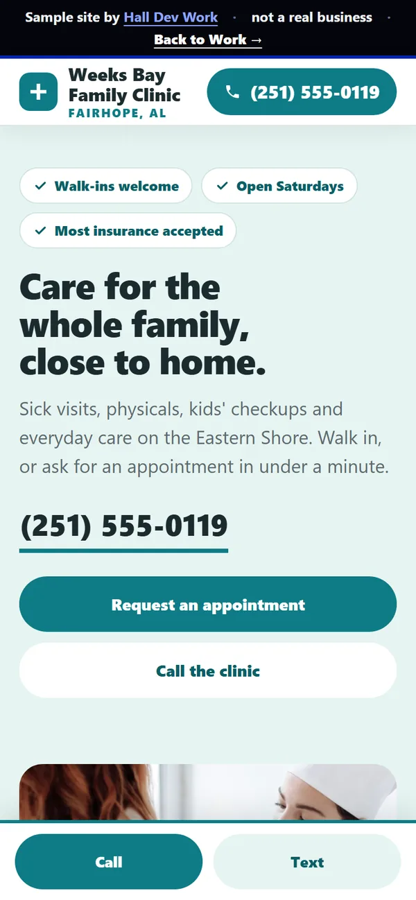 Sample family clinic website shown on a phone