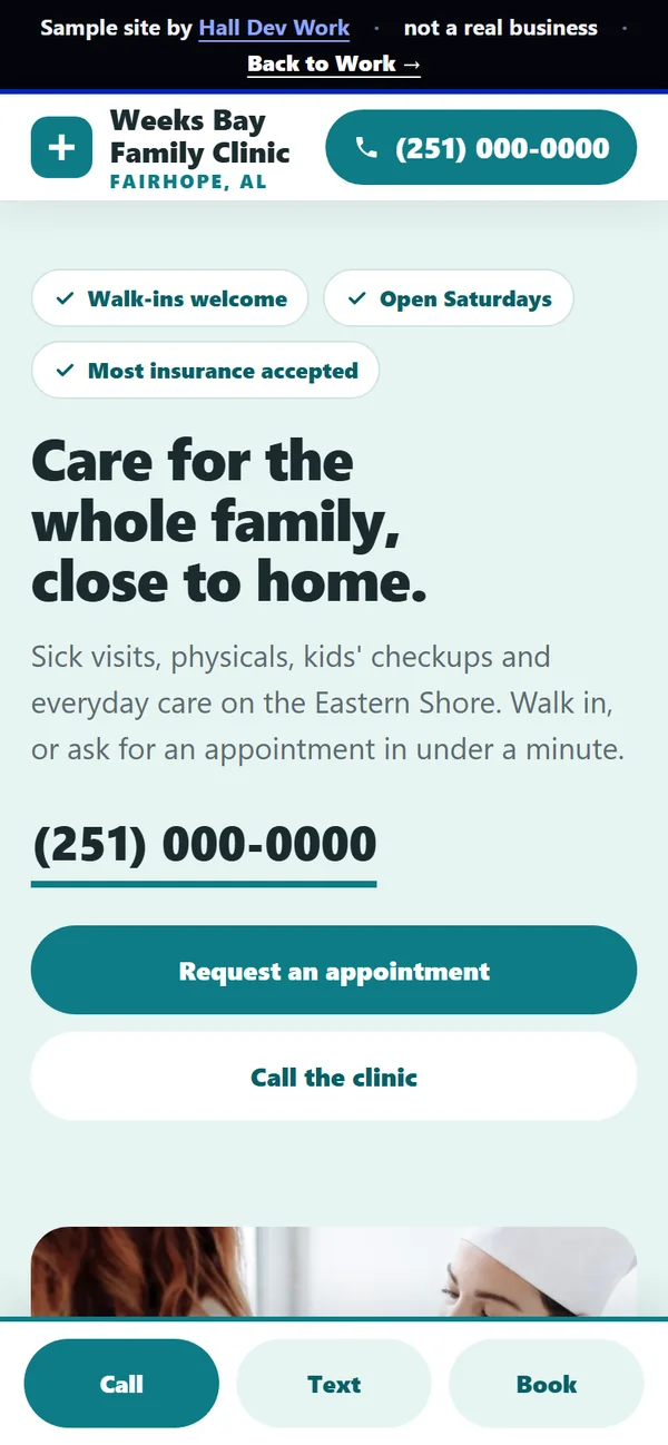 Sample family clinic website on a phone