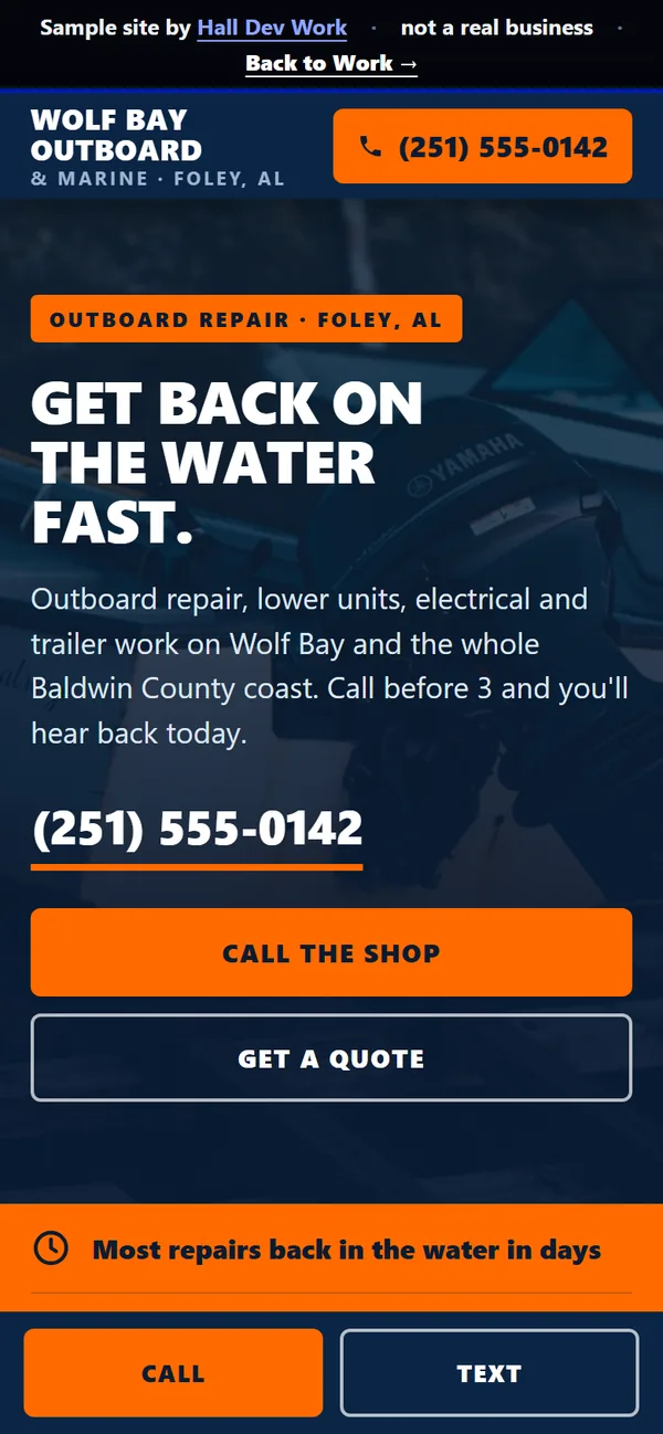 Sample boat repair and outboard service website shown on a phone