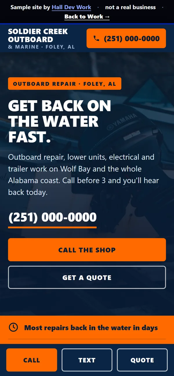 Sample boat repair website on a phone