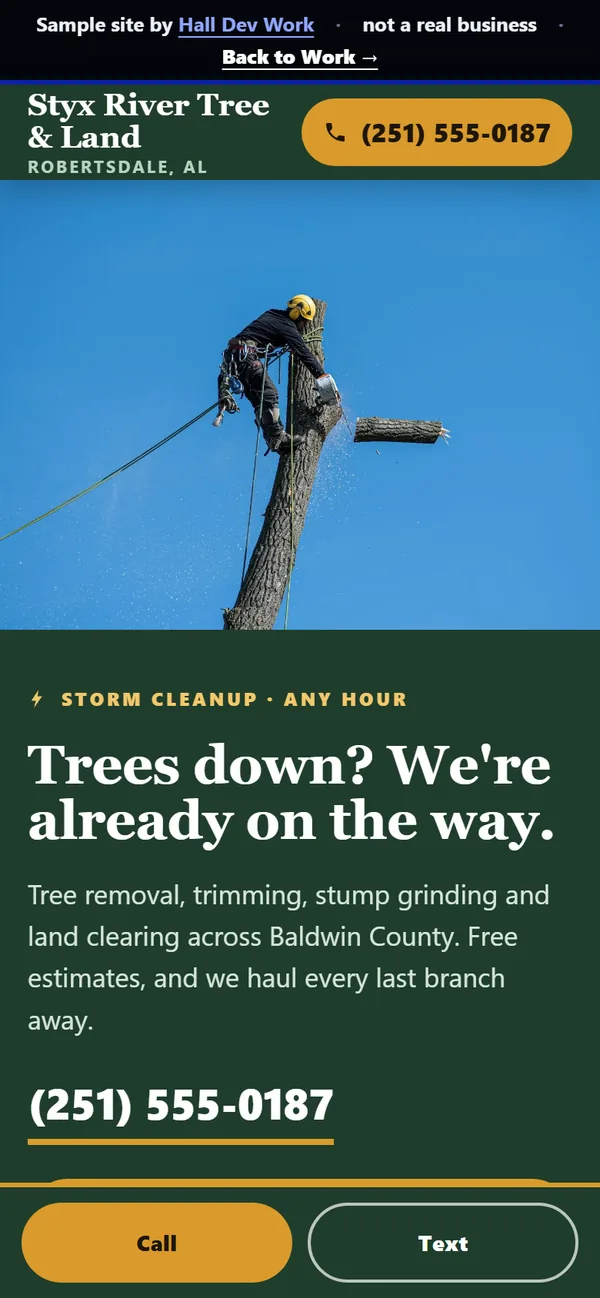 Sample tree service and land clearing website shown on a phone