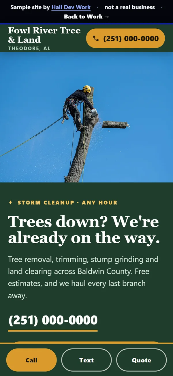 Sample tree service website on a phone